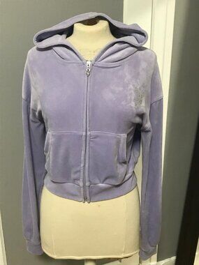 Playboy Y2K Style Lavender Purple Velour Track Cropped Hoodie Top MEDIUM